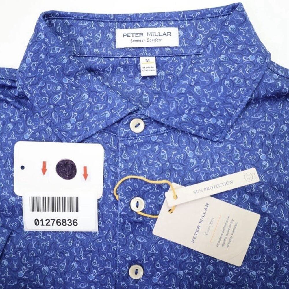 Peter Millar Summer Comfort Mens Blue Wine Grape Glass Short Sleeve Polo Shirt L